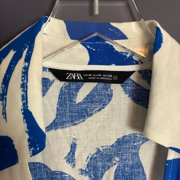 Zara White & Blue Tropical Floral Pattern Long Sleeve Mini Linen Wrap Dress Med - Picture 5 of 9